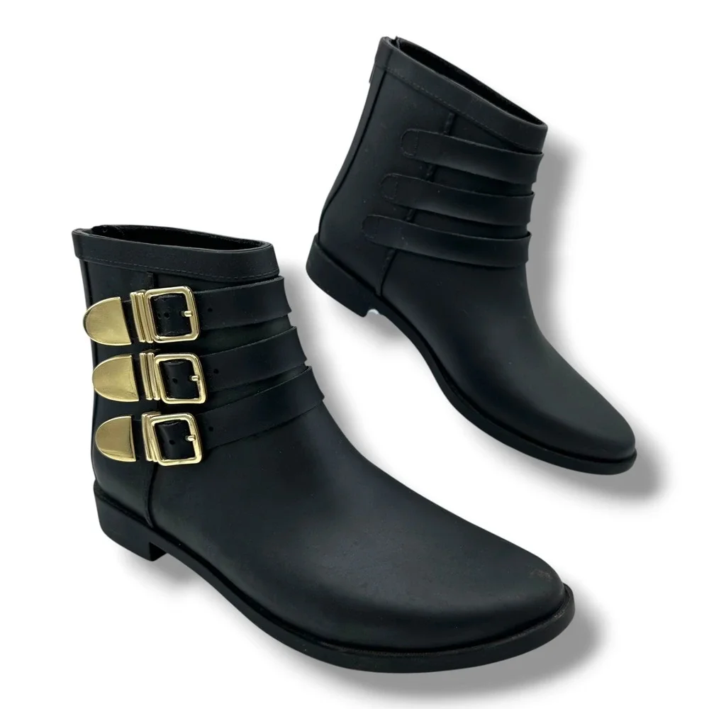 Loeffler Randall Fenton Black Rubber Triple Buckle Rain Boot Gold Hardware Ankle